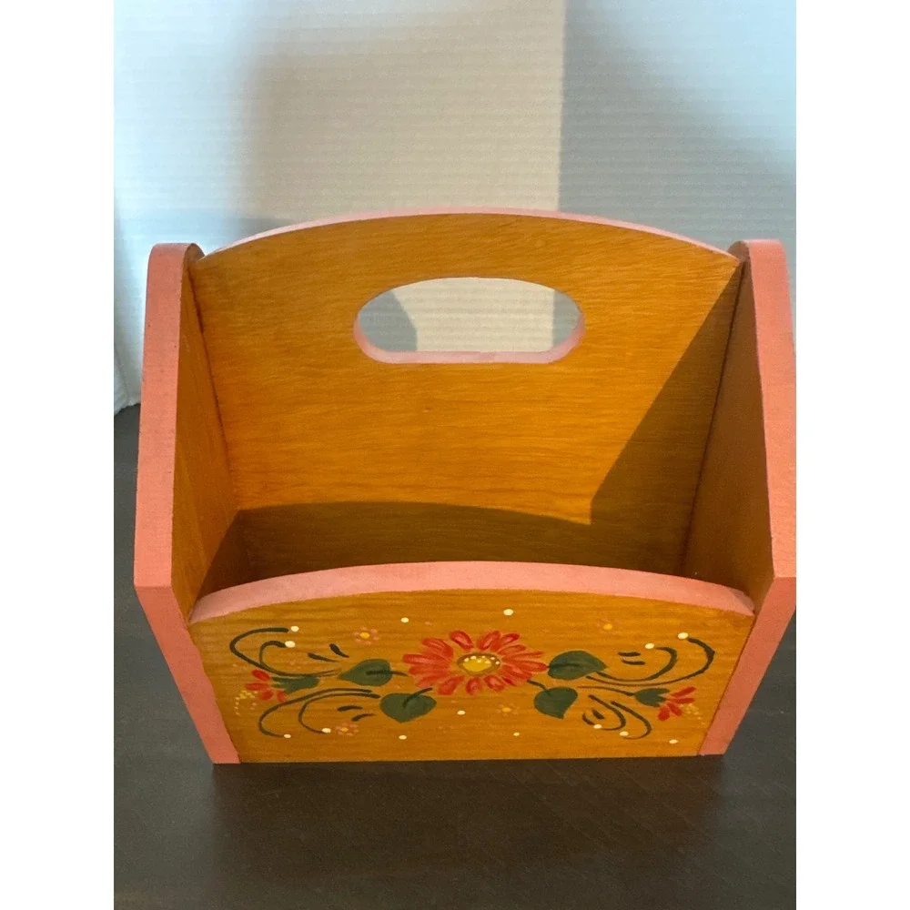 Vintage Hand Painted Wooden Floral Caddy Folk Art Mail Sorter Napkin Holder Pink